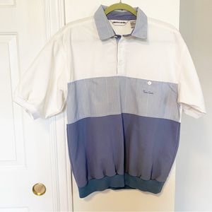 Vintage M Pierre Cardin blue white block banded short sleeve polo button shirt